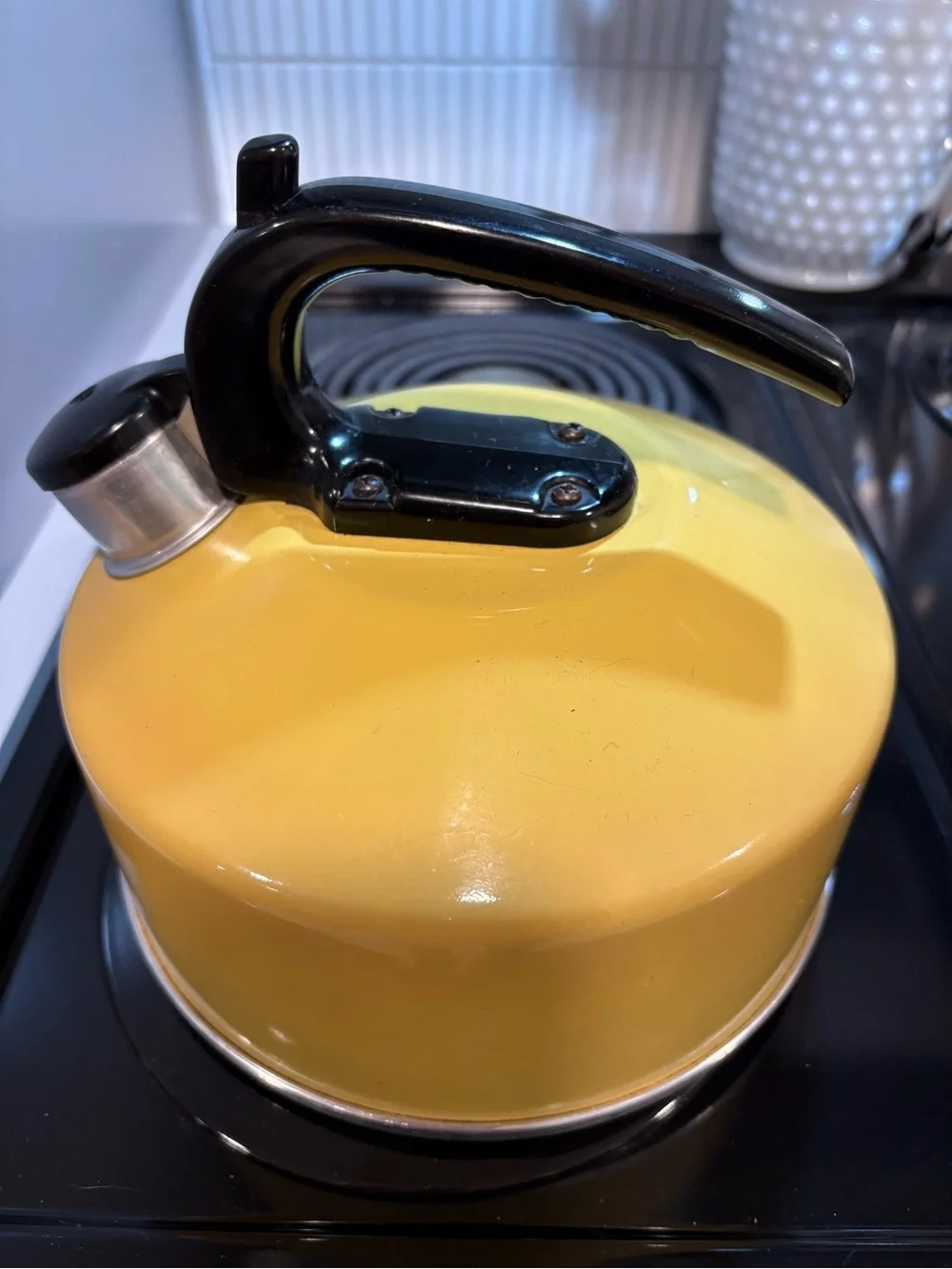 Vintage /Retro Mustard Color Whistling Tea Kettle with Black Handle